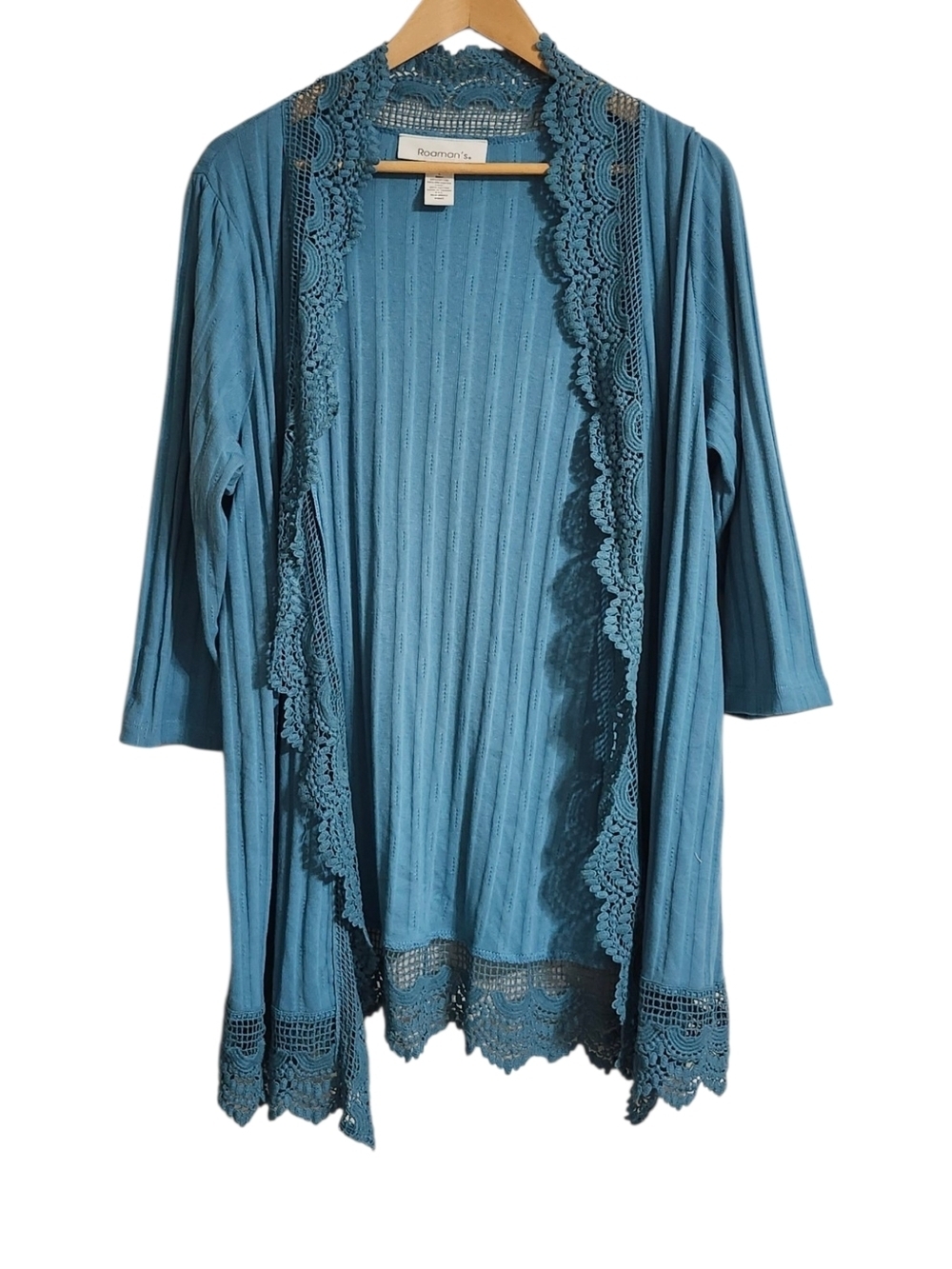 Roaman’s Teal Blue Lace Trim Open Front Cardigan Top Size L. - Picture 4 of 7